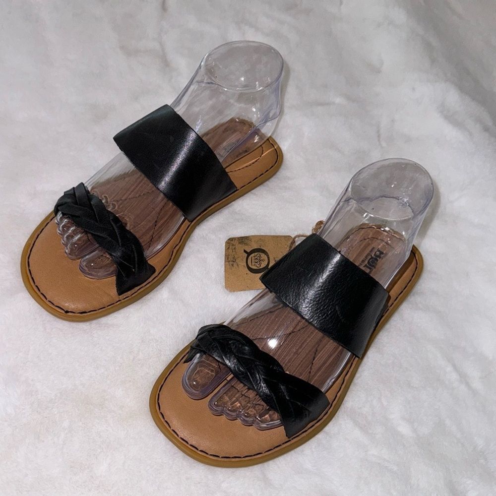 Born Womens Cherita Black Slide Sandals Leather Strap Size 6 - Picture 2 of 6